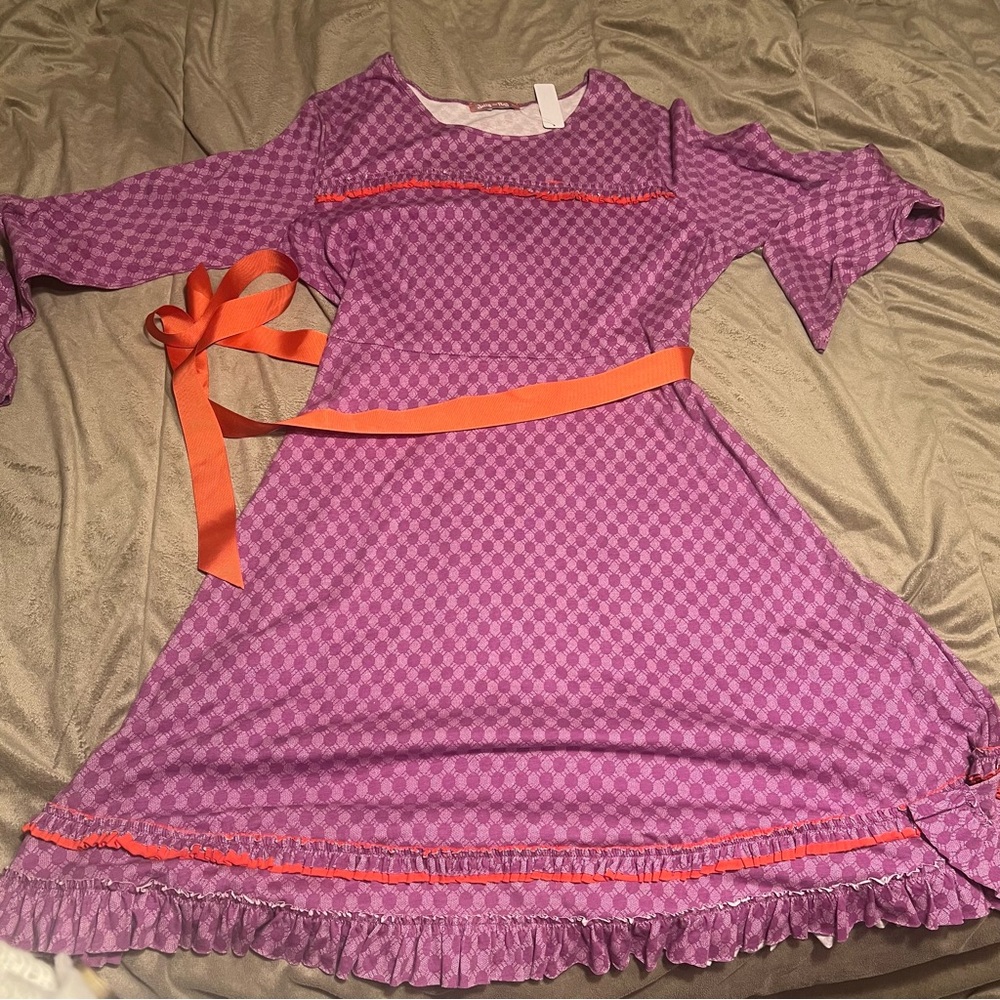 NWT Jelly the Pug Magenta/White Ruffled Dress Orange Ribbon Belt Size XXL